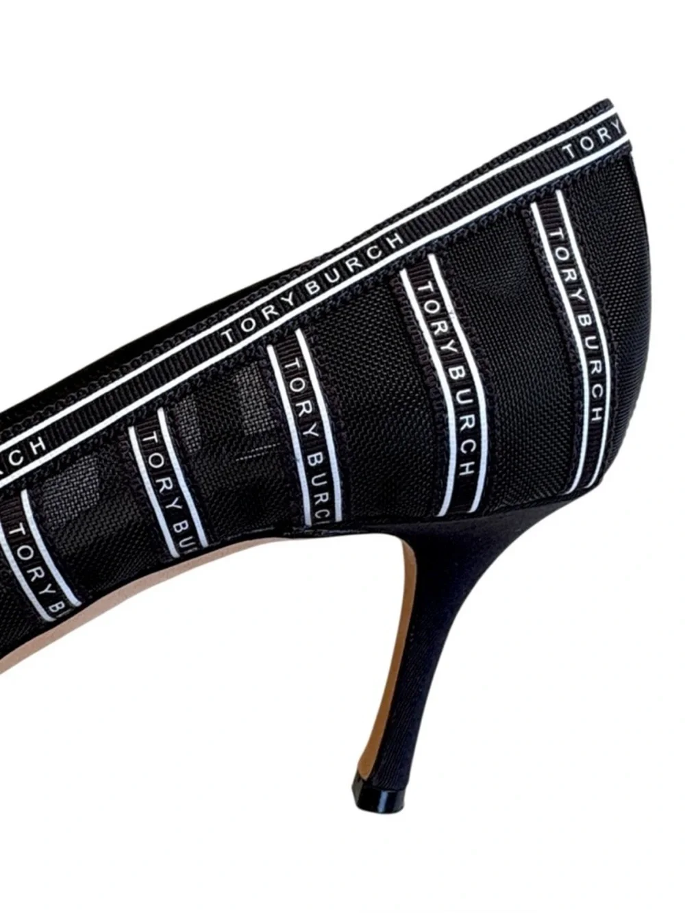 EUC Tory Burch Penelope Mesh Logo Pumps Black White Size 8.5 Retail $490.00